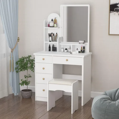 Miniatura 9 de ECACAD Moderno escritorio de maquillaje con espejo iluminado, tocador con 9 cajones, estantes ocultos y espejo plegable, 3 modos de iluminación