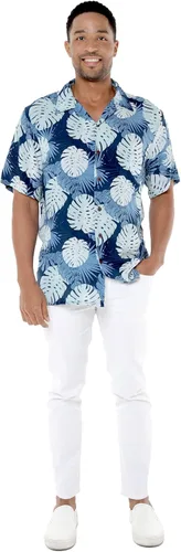 Miniatura 4 de Camisa hawaiana Luau o overol con cuello en V para parejas con bolsillos en color azul marino de palma del Pacífico