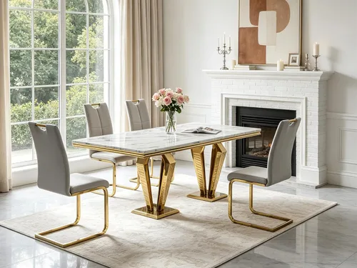 Miniatura 43 de 5 Piece Black Marble Dining Table Set for 4, Modern Faux Marble Kitchen Dining Room Tables with 4 Leather Chairs Set, 68.11" Luxury Rectangular
