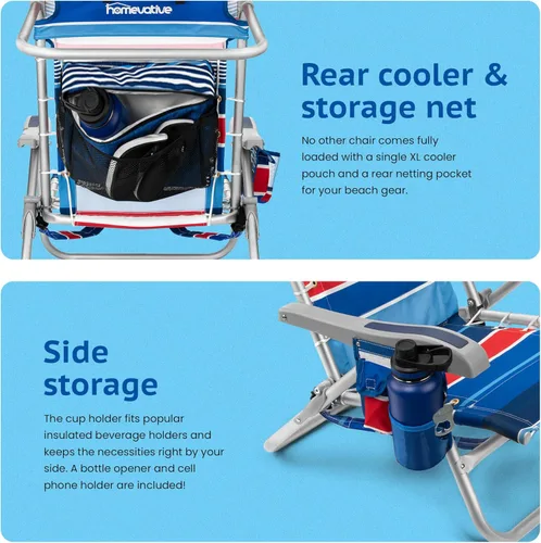 Miniatura 4 de Homevative Cooler+ - Silla de playa plegable con 5 posiciones, toallero, bolsa enfriadora XL, red de almacenamiento, soporte para taza y teléfono