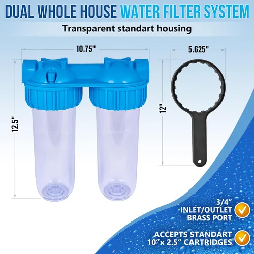Miniatura 2 de Sistema de filtro de agua dual para toda la casa, Carcasas estándar transparentes, Válvula de alivio de prensatelas, Puerto de latón