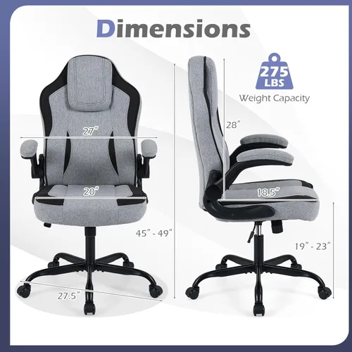 Miniatura 3 de Giantex Silla de oficina ergonómica, silla de escritorio de tela de lino con reposabrazos abatibles de 90°, altura ajustable, función mecedora, Gris