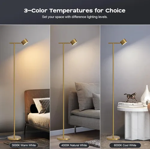 Miniatura 3 de Lámpara de pie para dormitorio, 3 temperaturas de color, lámpara de pie minimalista con tapa de lámpara flexible, lámparas de pie modernas doradas