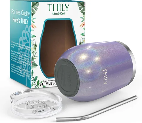 Miniatura 5 de THILY T2 Vaso de vino de acero inoxidable aislado – Juego de copas de vino sin tallo con triple aislamiento de viaje con tapa hermética y popote