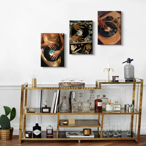 Miniatura 2 de QWETYY666 3 piezas de arte de pared en lienzo de mujer afroamericana, decoración de pared de personas negras funky negras, pinturas musicales