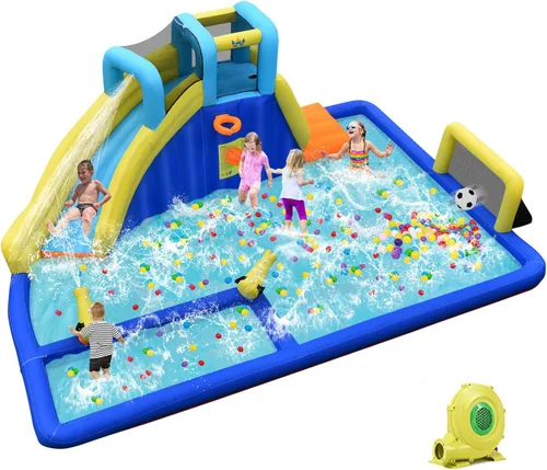 Miniatura 11 de HONEY JOY Tobogán acuático inflable, parque acuático gigante con porterías de fútbol para exteriores, piscina, escalada, toboganes acuáticos