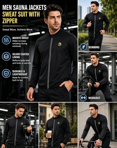 Miniatura 6 de NINGMI Traje de sauna para hombre, chaqueta para sudar, camisa de manga larga, trajes de entrenamiento con cremallera, gimnasio, ejercicio, fitness