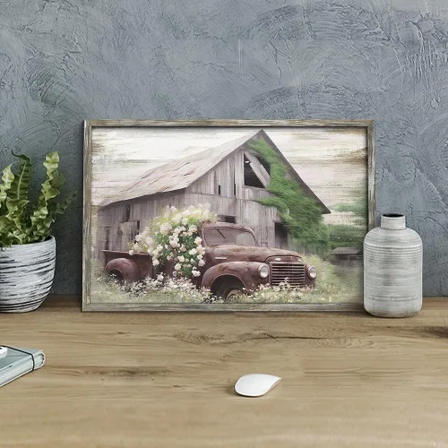 Miniatura 4 de Arte de pared de madera enmarcada de granja: arte de camión viejo rústico pintura de madera de granero para dormitorio