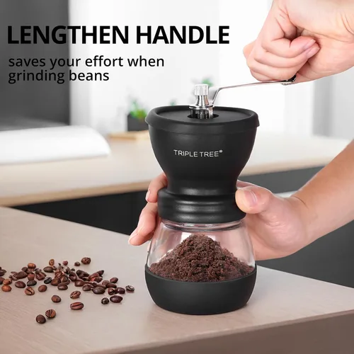Miniatura 5 de Molinillo de café manual con rebabas de cerámica y mango de acero inoxidable alargado, molinillo de café de mano con 2 frascos de vidrio