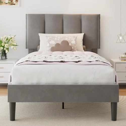 Miniatura 44 de VECELO - Base de cama tamaño individual con cabecera tapizada, plataforma con soporte de listones de madera de alta resistencia, no necesita somier