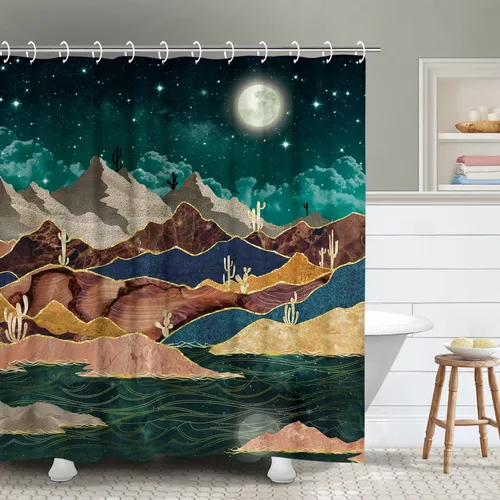 Miniatura 12 de RosieLily Cortina de ducha con diseño de lago de montaña, cielo nocturno estrellado, paisaje de luna y bosque para baño, 72 pulgadas de ancho x 72