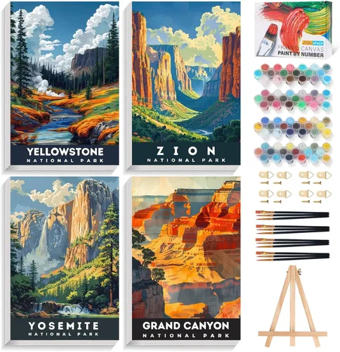 Miniatura 13 de Offito Paquete de 4 pinturas enmarcadas por números para adultos principiantes con caballete de madera, kit de pintura fácil de paisaje por números