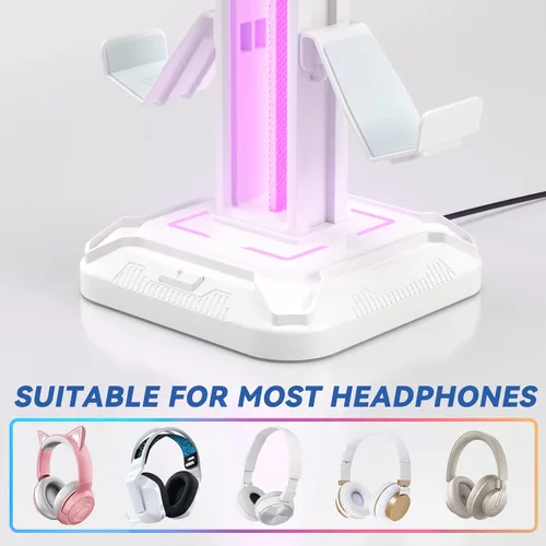 Miniatura 5 de KDD RGB Headset Stand with 9 Light Modes - Controller Holder for Desk - Rotatable Headphone Stand & Detachable Controller Hook for PC Earphone Blanco