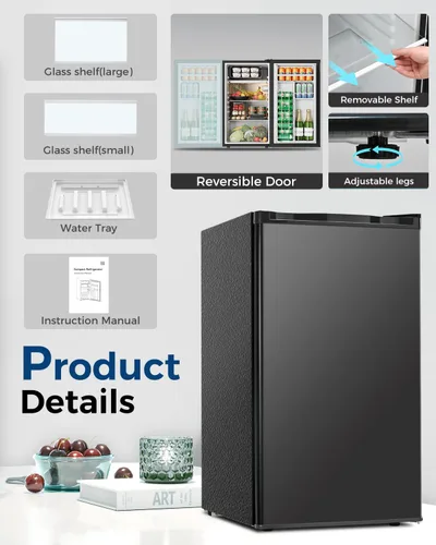 Miniatura 5 de Feelfunn Mini refrigerador con congelador, mini refrigerador de una sola puerta de 3.2 pies cúbicos con termostato ajustable, ahorro de energía
