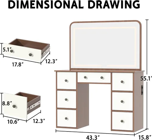 Miniatura 3 de wanan Escritorio de maquillaje con espejo y luces, mesa de tocador de madera con toma de corriente, escritorio de maquillaje con 7 cajones, tocador