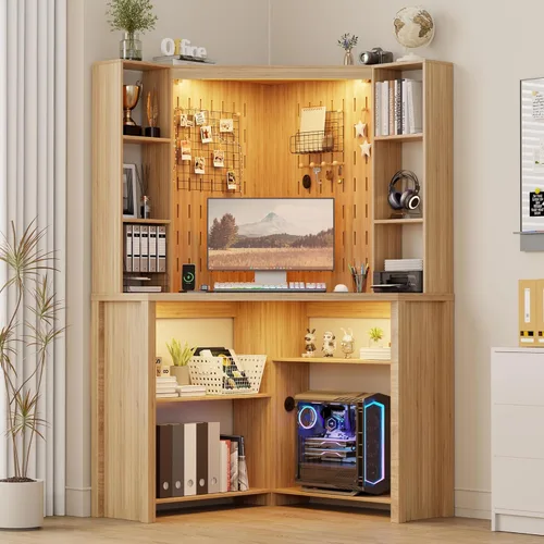 Escritorio esquinero para computadora con luces LED, escritorio de estudio en forma de L con gabinete y estantes, escritorio triangular para oficina