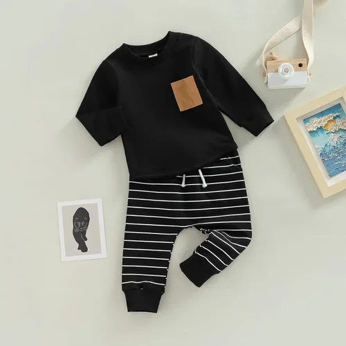Miniatura 23 de Ropa de bebé niño 3 6 9 12 18 24M 3T Conjunto de pantalones con capucha patchwork sudadera con capucha pantalones de rayas traje de otoño invierno