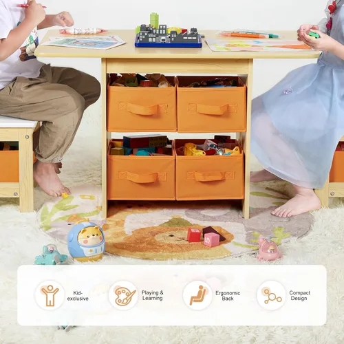 Miniatura 8 de Juego de mesa y silla para niños (2 sillas incluidas), grupo de escritorio de madera para niños pequeños con 6 cajas de almacenamiento, muebles