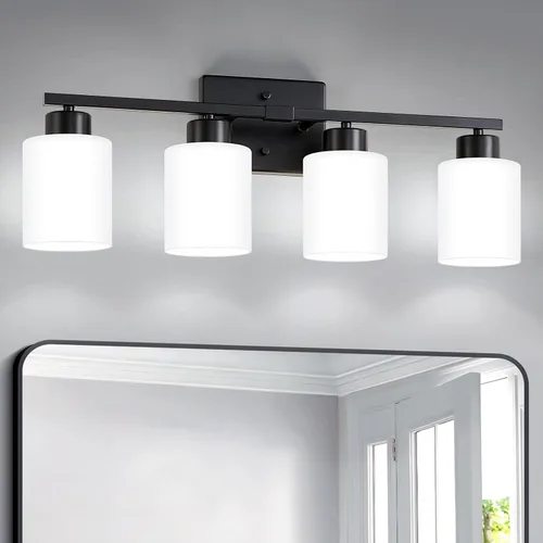 Miniatura 12 de FonmYim Lámpara de baño negra, lámpara de tocador moderna de 3 luces sobre espejo, apliques de pared con pantallas de vidrio esmerilado blanco