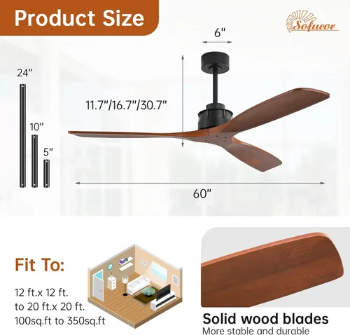 Miniatura 7 de Sofucor - Ventilador de techo moderno de madera maciza sin luces, de 60 pulgadas, con control remoto, 7000 CFM de alto flujo de aire, motor CC Con