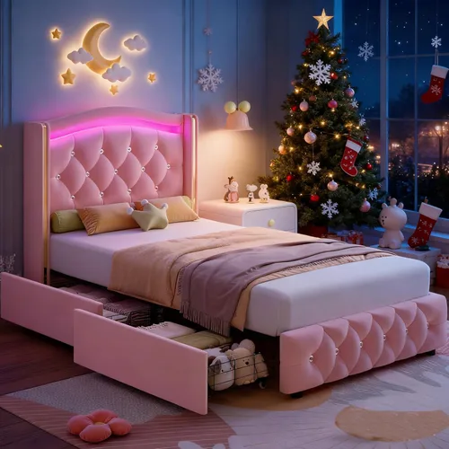Hifit Base de cama LED, tamaño individual, cabecera capitoné con botones de cristal, 4 cajones, moderna, piel sintética, de princesa, para niñas, no