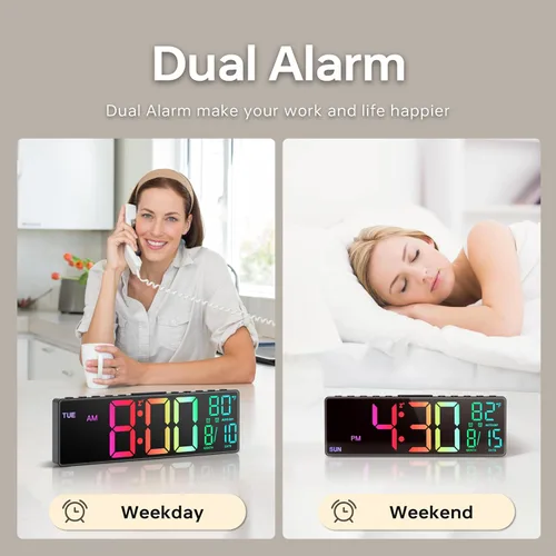Miniatura 6 de JALL Reloj despertador digital grande de 10.5 pulgadas con 8 colores RGB, fecha, mes, temperatura LED, DST automático, reloj digital de gran