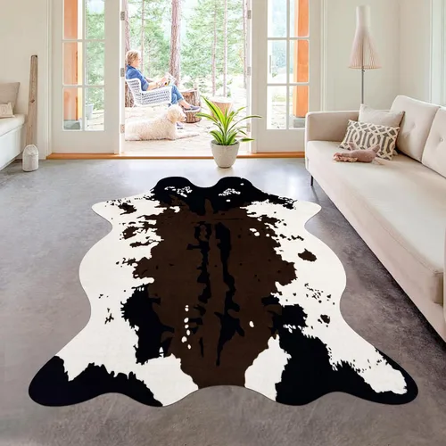 Miniatura 18 de Bonita alfombra con estampado de vaca, pequeña de piel sintética de vaca en blanco y negro, alfombra con estampado animal para mesa, dormitorio