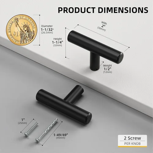 Miniatura 2 de goldenwarm Paquete de 5 pomos negros para gabinete, pomos de barra en T y tiradores de cajón para herrajes de armario, muebles de dormitorio