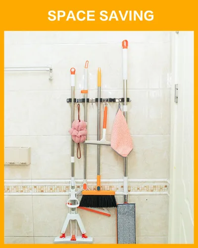 Miniatura 7 de Paquete de 2 soportes de pared para escobas con correa de almacenamiento resistente de 13 pulgadas, 5 ranuras y 4 ganchos, soporte para escoba