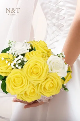 Miniatura 436 de N&T NIETING Flores artificiales, rosas artificiales de color rosa intenso, 50 piezas de flores falsas con tallo para ramos de boda DIY, centros