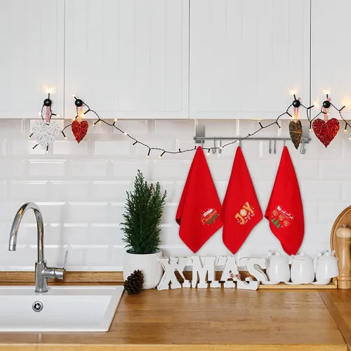 Miniatura 7 de MCEAST Paquete de 3 toallas de mano navideñas de gran tamaño de 25 x 14 pulgadas, toallas de cocina de Navidad 100% algodón, toallas decorativas Rojo