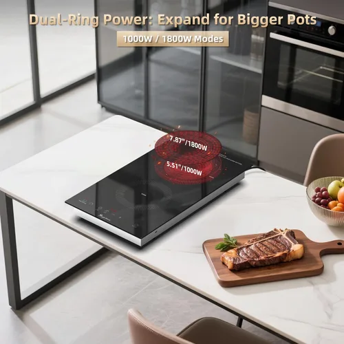 Miniatura 4 de Placa eléctrica de 2 quemadores de 110 V, quemador superior de estufa enchufable, encimera y quemador eléctrico integrado con control táctil, 9