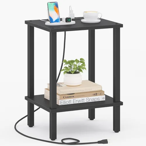 Miniatura 29 de TUTOTAK Mesa auxiliar con estación de carga, pequeña mesa auxiliar con tomas de corriente, mesita de noche, mesa de cabecera, estante de Gris beige