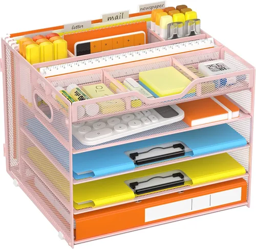 Miniatura 12 de Docnest Organizador de escritorio de malla de 5 niveles, bandeja de cartas con compartimentos ajustables, almacenamiento de escritorio de malla