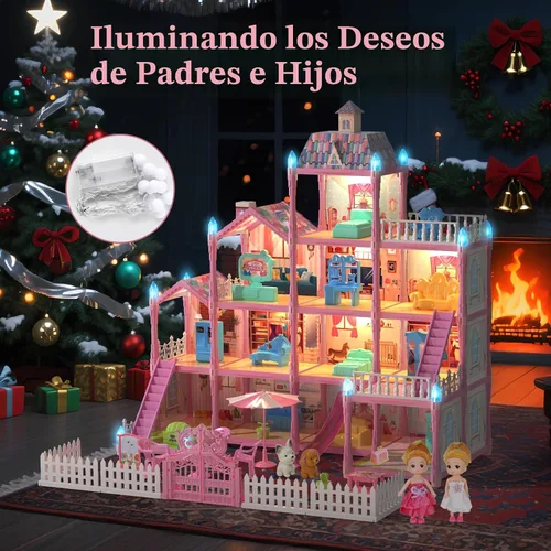Miniatura 3 de Casa de Muñecas Randhar para Niñas con Luces, 3 Muñecas, 4 Pisos - 13 Habitaciones, 7 Conjuntos de Muebles y Accesorios, Regalo de Diseño