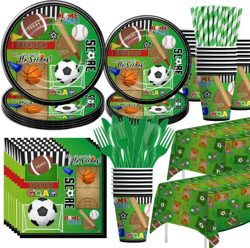 Xigejob Artículos para fiestas de cumpleaños con temática deportiva, platos, vasos, servilletas, mantel, cubiertos, pajitas, fútbol, baloncesto,