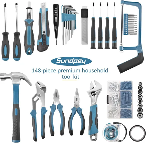 Miniatura 2 de Sundpey Kit de herramientas para el hogar, 148 piezas, juego de herramientas de reparación de mano portátil básico para el hogar con estuche, Azul