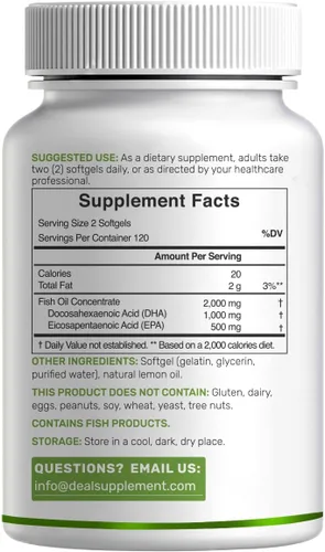 Miniatura 7 de Suplementos de DHA 240 cápsulas blandas, sin erupciones, sabor a limón, DHA 1000 mg + EPA 500 mg, pescado capturado en la naturaleza, rico