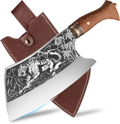TOMBRO Cuchillo de carnicero de 9 pulgadas, cortador de huesos resistente, forjado con funda para cortar carne, chef chino de acero al carbono ultra