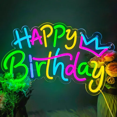 Letrero de neón de feliz cumpleaños para decoración de fondo, letrero LED con luz de feliz cumpleaños para telón de fondo de fiesta con alimentación