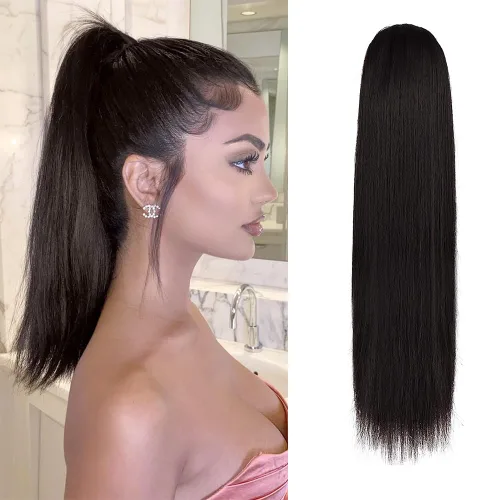 Miniatura 18 de BARSDAR Extensión de cola de caballo corta y recta - Extensiones de pelo con cordón de 16 pulgadas, rubio para mujeres - Extensiones de pelo Rubio