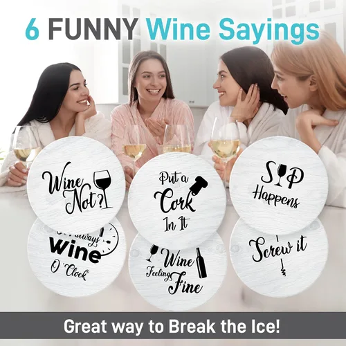 Miniatura 5 de Posavasos para bebidas absorbentes con soporte, juego de regalo de 6 piezas con 6 frases divertidas para amantes del vino, piedra de cerámica