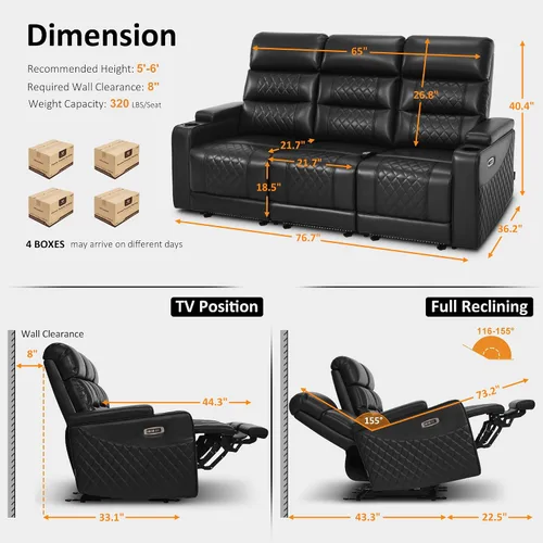 Miniatura 3 de MCombo Sofá Loveseat Eléctrico de 3 Asientos de 76.7'' para Adultos, Asiento de Cine en Casa con Reposacabezas Eléctrico, Certificado FSC, Puertos