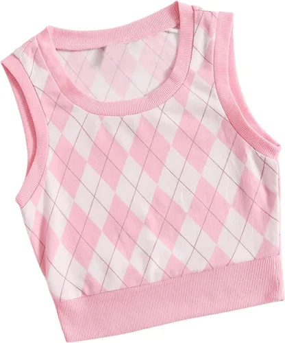 Miniatura 3 de Verdusa Camiseta sin mangas con cuello en V y estampado de rombos a cuadros para mujer