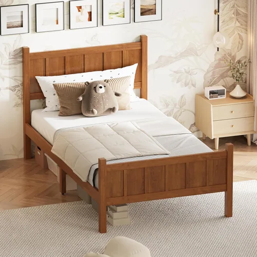 Miniatura 14 de Bellemave Cama de panel plano de tamaño individual con cabecero y estribo, cama de plataforma minimalista y moderna con acabado de grano de madera