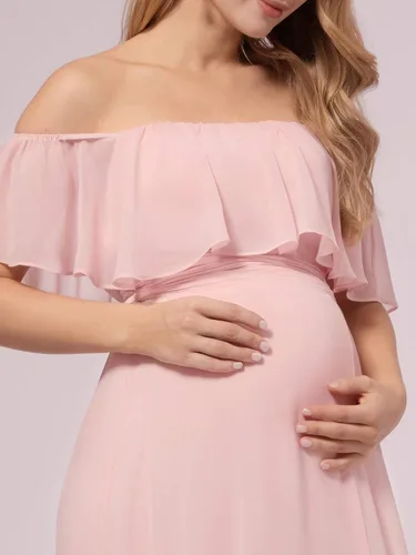 Miniatura 5 de Ever-Pretty Vestido de fiesta de embarazo con hombros descubiertos y abertura lateral larga de gasa con volantes para mujer, vestidos de fotografía