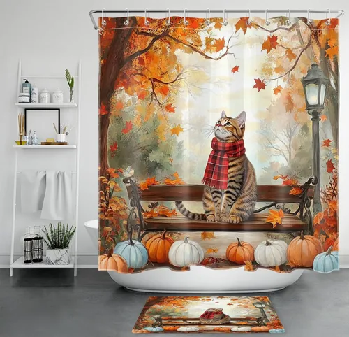 Miniatura 35 de HVEST Cortina de ducha con ganchos, calabaza espeluznante y fantasma con sombrero de bruja negro, juego de cortina de ducha naranja con flores
