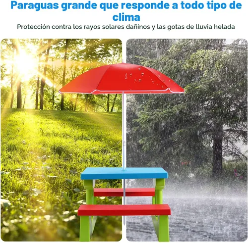 Miniatura 8 de Costzon Mesa de picnic para niños, mesa y banco para interiores y exteriores con paraguas extraíble, mesa de picnic portátil para niños pequeños