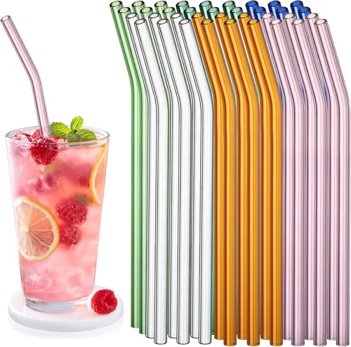 Hosuly 36 pajitas de vidrio reutilizables a granel de 8 pulgadas x 0.315 in, dobladas de vidrio curvadas con cepillos de limpieza, popote de viaje,