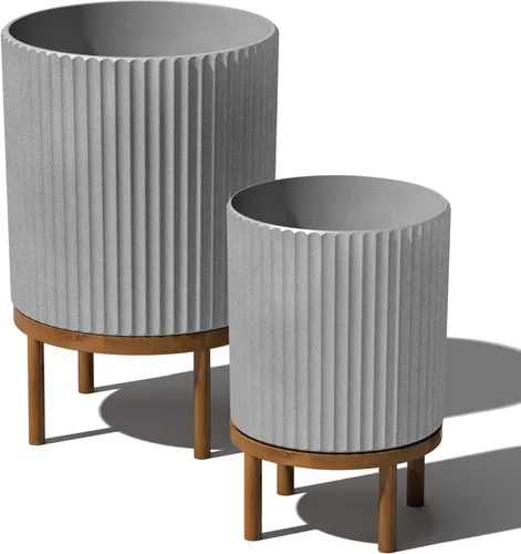 Miniatura 12 de Veradek Demi Series - Maceta redonda con soporte para porche o patio, compuesto de piedra de plástico duradero y soporte de madera, decoración